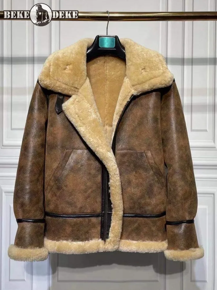 Мужская зимняя куртка из натуральной овчины теплая Байкерская байкерская кожи с
