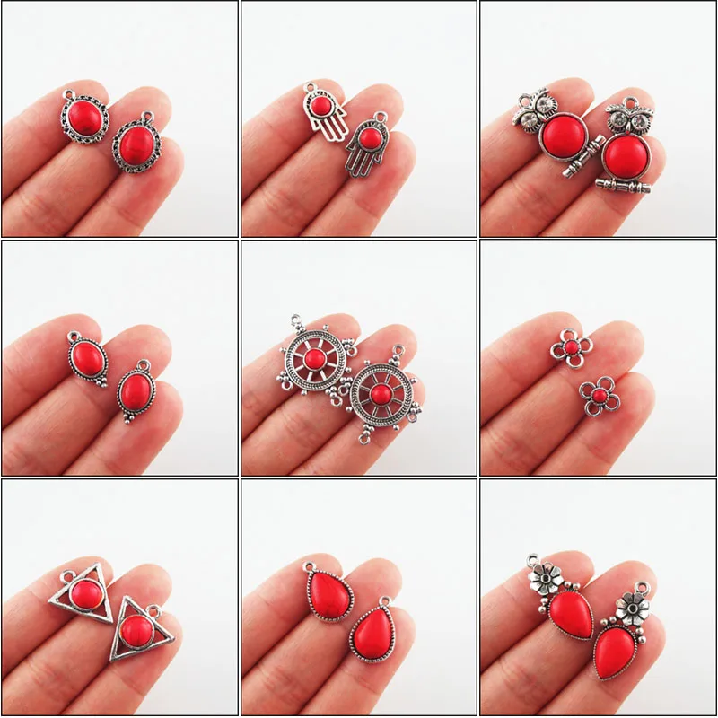 

New Red Turquoise Stone Charms Animal Triangle Flower Palm Teardrop Oval Tibetan Silver Plated Pendants Retro