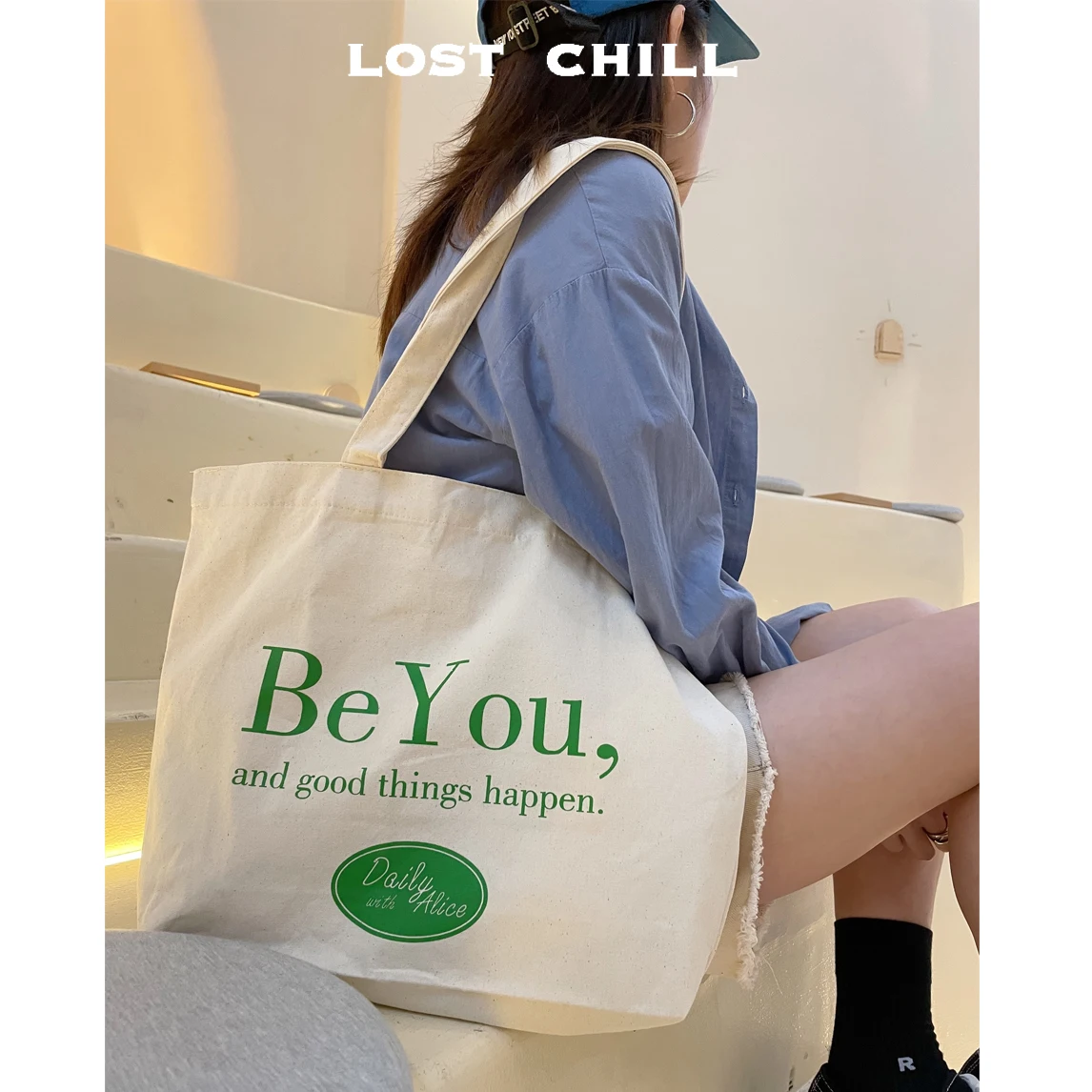 

Lost Chill Korea Retro Women Shoulder Canvas Bag Large Cloth Shopper Tote Bag Causal Green Letters Print Shopping Bag For Girl