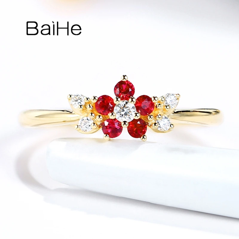 

BAIHE Solid 14K Yellow/Rose Gold 0.15ct Natural Rubis 0.08ct Natural Diamond Fine Jewelry Wedding Flower Ruby Diamond Ring