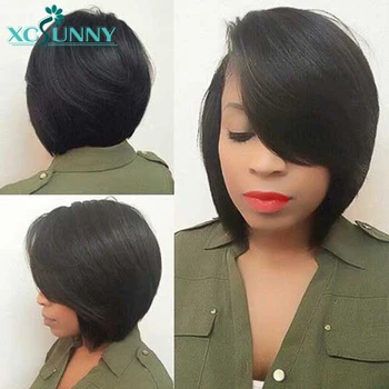 

Short Bob Wig With Bangs 13x6 Lace Front Human Hair Wigs Glueless For Women Indian Remy Hair Silky Straight Black Color xcsunny
