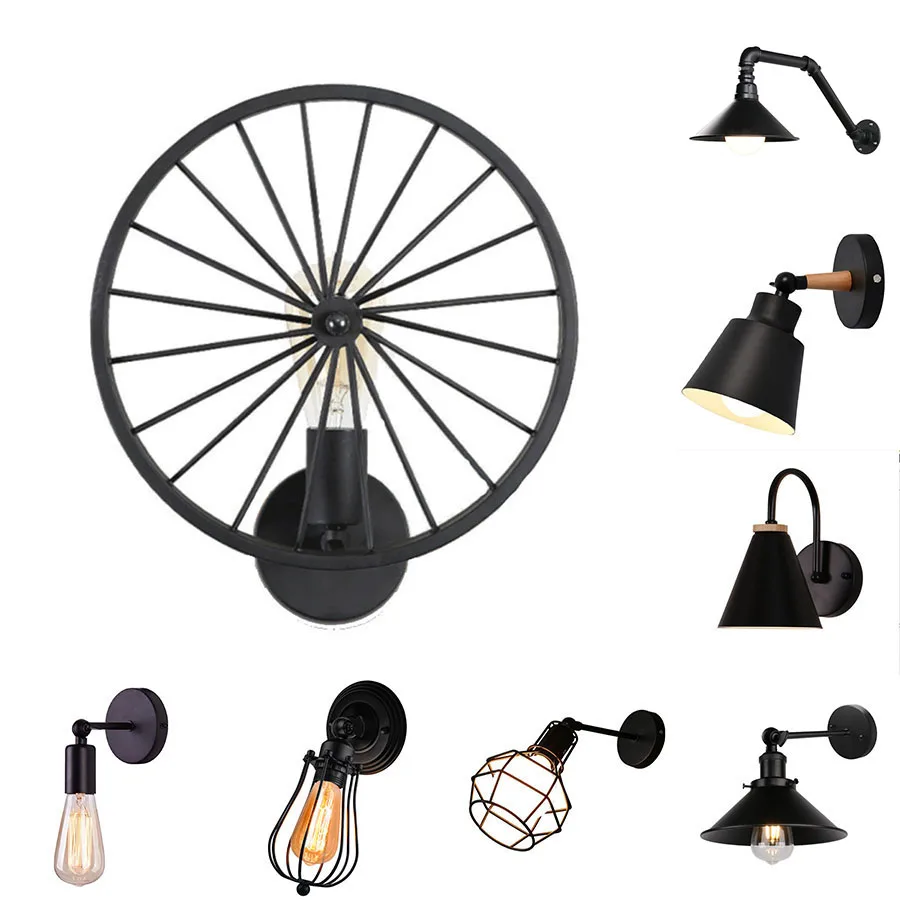 

Vintage Loft Bedside Wall Light Sconce Metal Wheel Industrial Wall Lamp Shade Cafe Bar Restaurant Decoration Lighting Fixture