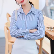 Blue Striped shirts for women Fake Two-piece Ladies Tops 2021 Korean Fall Fashion Loose Button Fake Camisole Polo-Neck OL Blouse 
Blue Striped shirts for women Fake Two-piece Ladies Tops 2021 Korean Fall Fashion Loose Button Fake Camisole Polo-Neck OL Blouse
