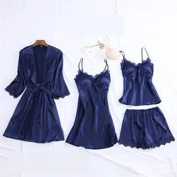 Sexy Women 4PCS Sleep Suit Satin Spaghetti Strap Top&Shorts Casual Sleepwear Lace Patchwork Intimate Silky Nightwear Homewear
Sexy Women 4PCS Sleep Suit Satin Spaghetti Strap Top&Shorts Casual Sleepwear Lace Patchwork Intimate Silky Nightwear Homewear