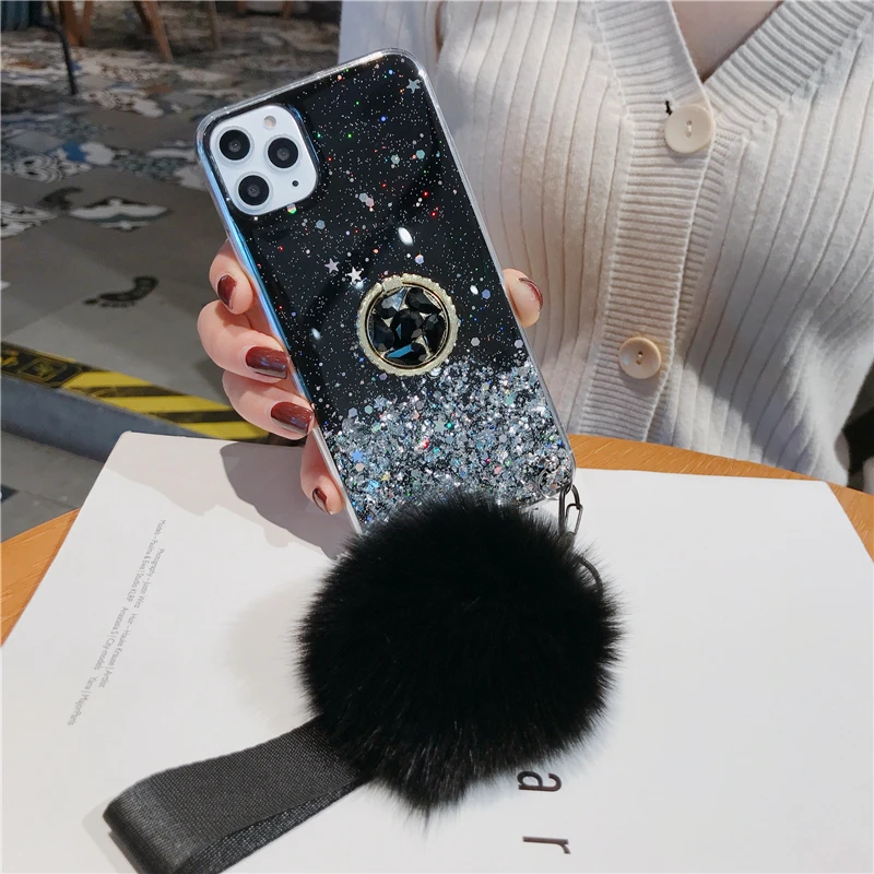 3D Diamond Holder stand Glitter Hairball soft phone case for iphone X XR XS 11 Pro Max 6 7 8 plus for samsung S8 S9 S10 Note A50 (3)