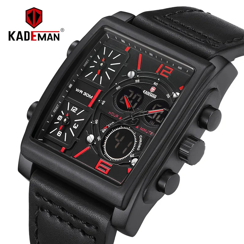 KADEMAN Men Watches Sport 3 Time Zones Display Digital Military Square Quartz Watch Waterproof Male Wristwatch Relogio Masculino
KADEMAN Men Watches Sport 3 Time Zones Display Digital Military Square Quartz Watch Waterproof Male Wristwatch Relogio Masculino