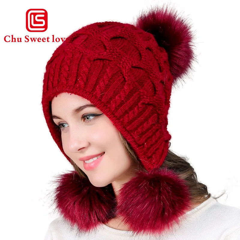 Фото Женская зимняя шапка теплая с помпоном модная из кроличьего меха вязаная Толстая