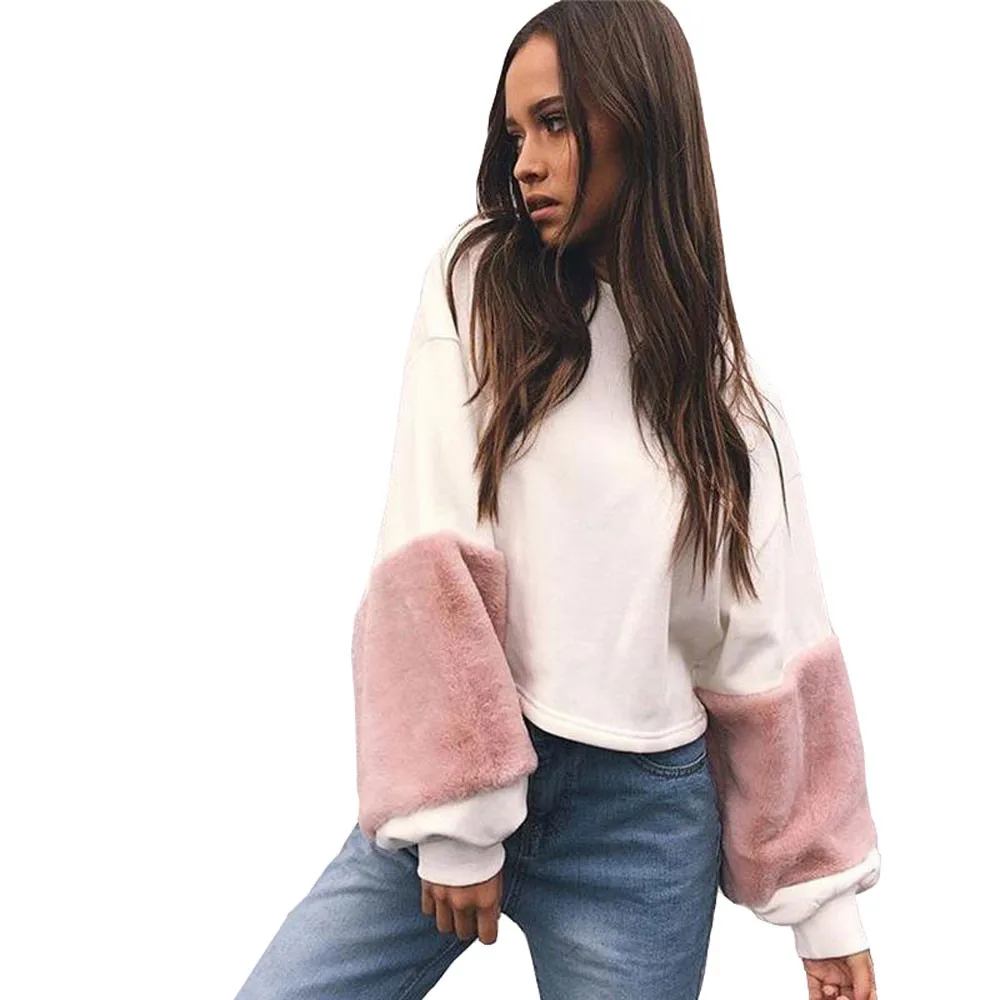 JAYCOSIN Fashion Women Casual Simple White Plush Sleeves Loose Sweatshirt European Comfortable Soft Pullover Top Blouse