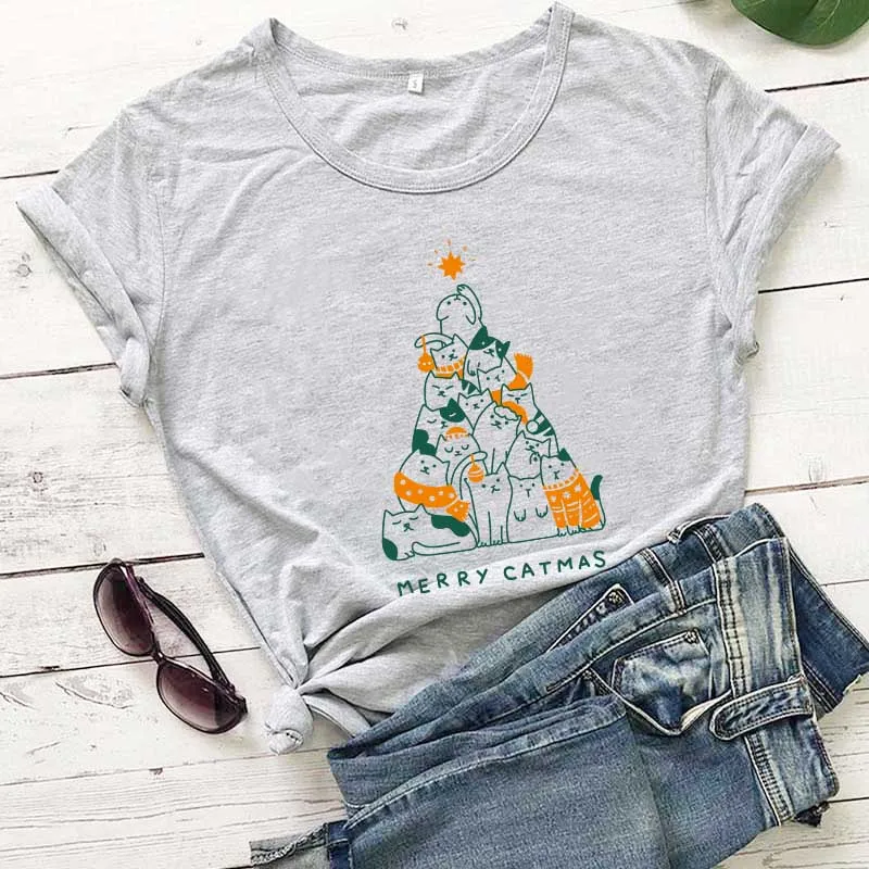 

Merry Catmas Colored Printed Women's Funny Casual 100%Cotton T-shirt Kawaii Cats Christmas Tree outfits Christmas Party Shirts
