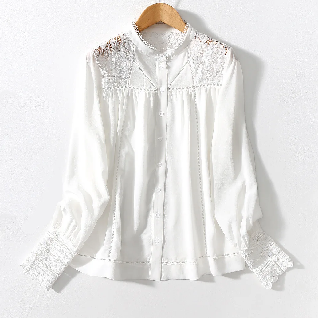 Women Shirt Hollow Lace Design Small Stand Collar Heavy Silk Double Crepe Shirt
Women Shirt Hollow Lace Design Small Stand Collar Heavy Silk Double Crepe Shirt