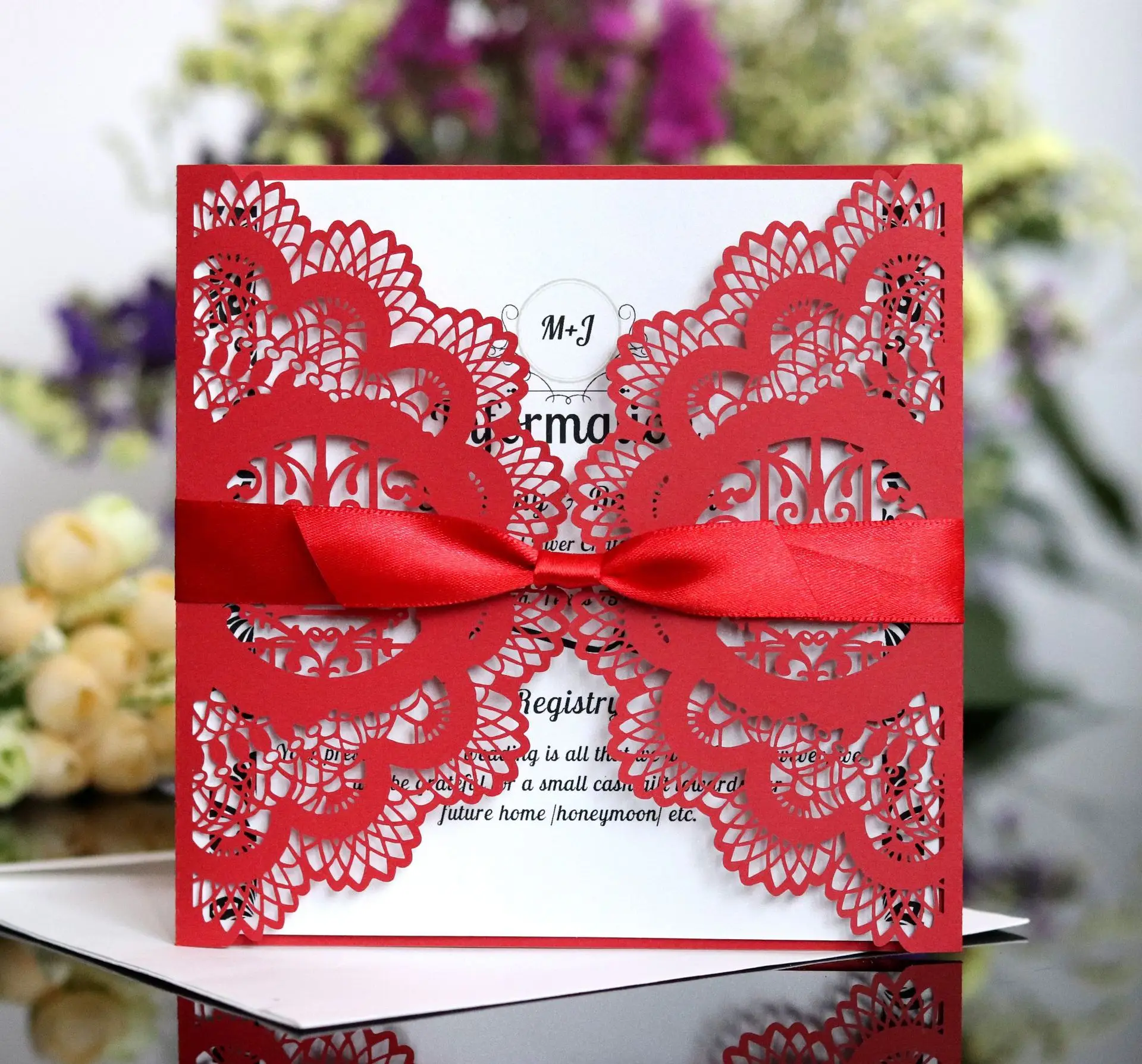 laser cut wedding invitations card paper with ribbon envelopes