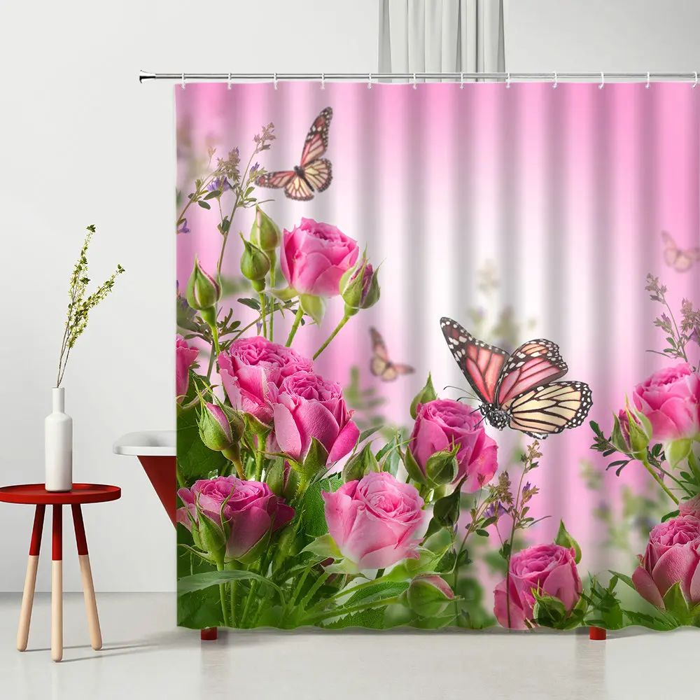 

Flower Butterfly Printing Shower Room Curtains Bathrooms Curtain Rose For Girls Bathroom Waterproof Screen Decoration
