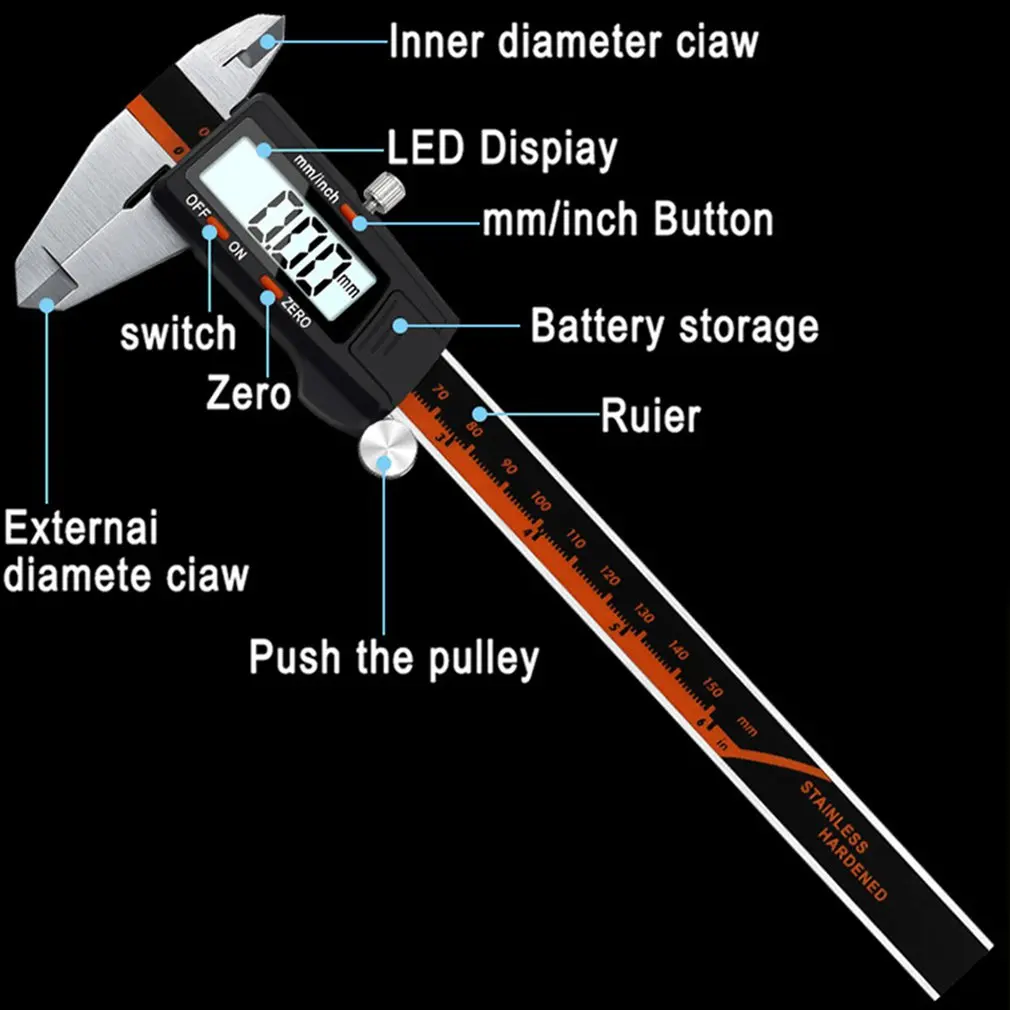 150MM/6inch Electronic Precision Digital Vernier Caliper Tool Ruler Micrometer Measuring Tools Gauge Stainless Steel
150MM/6inch Electronic Precision Digital Vernier Caliper Tool Ruler Micrometer Measuring Tools Gauge Stainless Steel