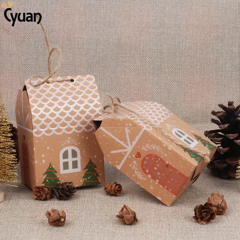5pcs christmas candy gift bags paper boxes house shape kraft
