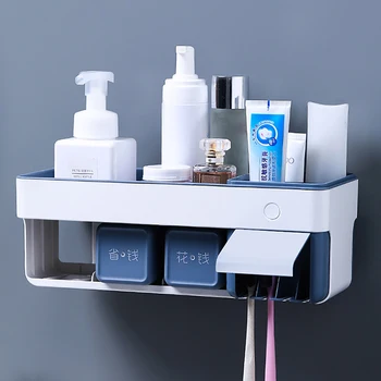 Waterproof Toothbrush Holder with Cups Toothpaste Makeup Partition Storage Rack Punch Free Bathroom Accessories Sets 
Waterproof Toothbrush Holder with Cups Toothpaste Makeup Partition Storage Rack Punch Free Bathroom Accessories Sets