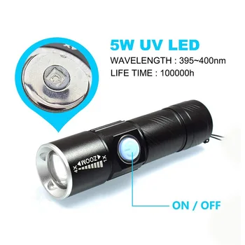 New Strong Light Purple-Light Flashlight Three Modes Aluminum Alloy Rechargeable Torch Three Light Modes UV NUV 365nm Light
New Strong Light Purple-Light Flashlight Three Modes Aluminum Alloy Rechargeable Torch Three Light Modes UV NUV 365nm Light