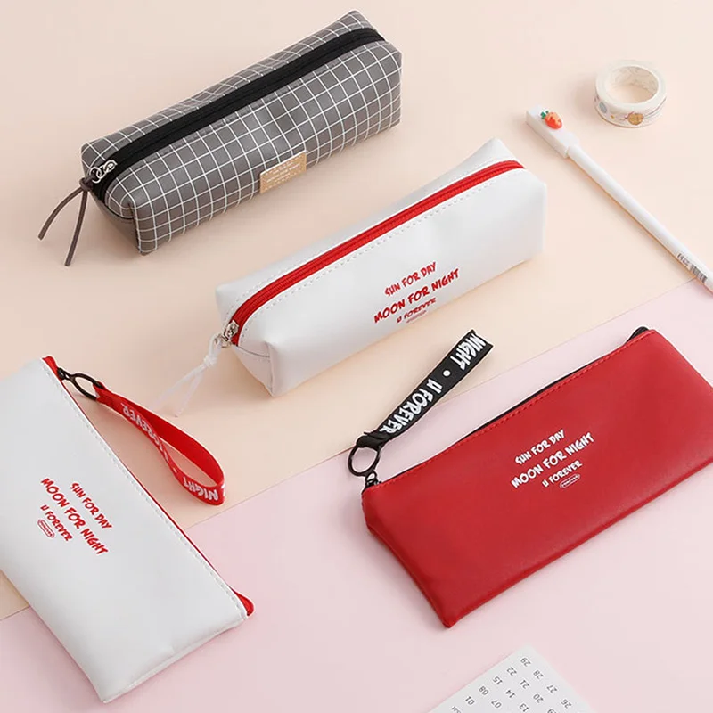 

Simple Style Pencil Bag for Girls Grey White Red Girls' Pencil Bag PU Leather Solid Color
