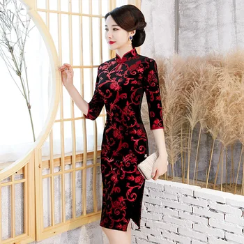 Plus Size 3XL 4XL Women Mini Qipao Red Flower Cheongsam Formal Party Dresses Velour Vintage Button Sexy Chinese Traditonal Dress 
Plus Size 3XL 4XL Women Mini Qipao Red Flower Cheongsam Formal Party Dresses Velour Vintage Button Sexy Chinese Traditonal Dress