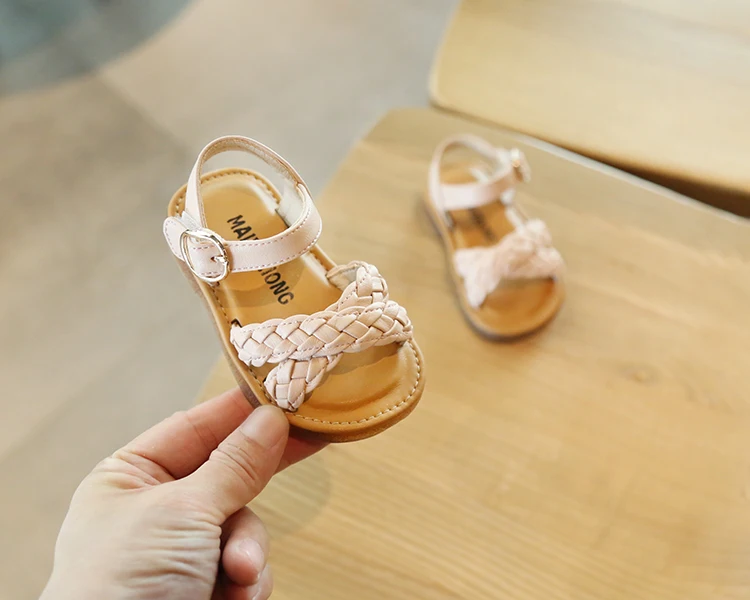 11.5-15.5cm Knitting Girls Sandals Soft Cow Muscle Sole Baby Summer First Walkers Simple Black Pink Beige Dress Shoes Flats 0-3Y
