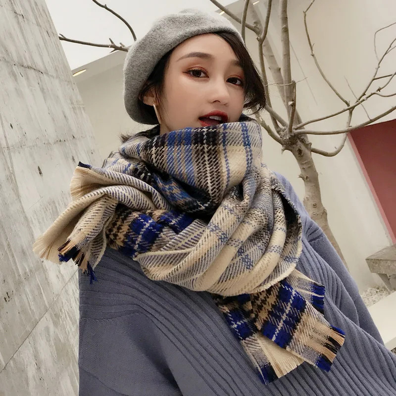 

2019NEW Euro fashion plaid soft warm blanket scarf Autumn Winter thicker shawls cashmere like scarf for women pashmina cloak