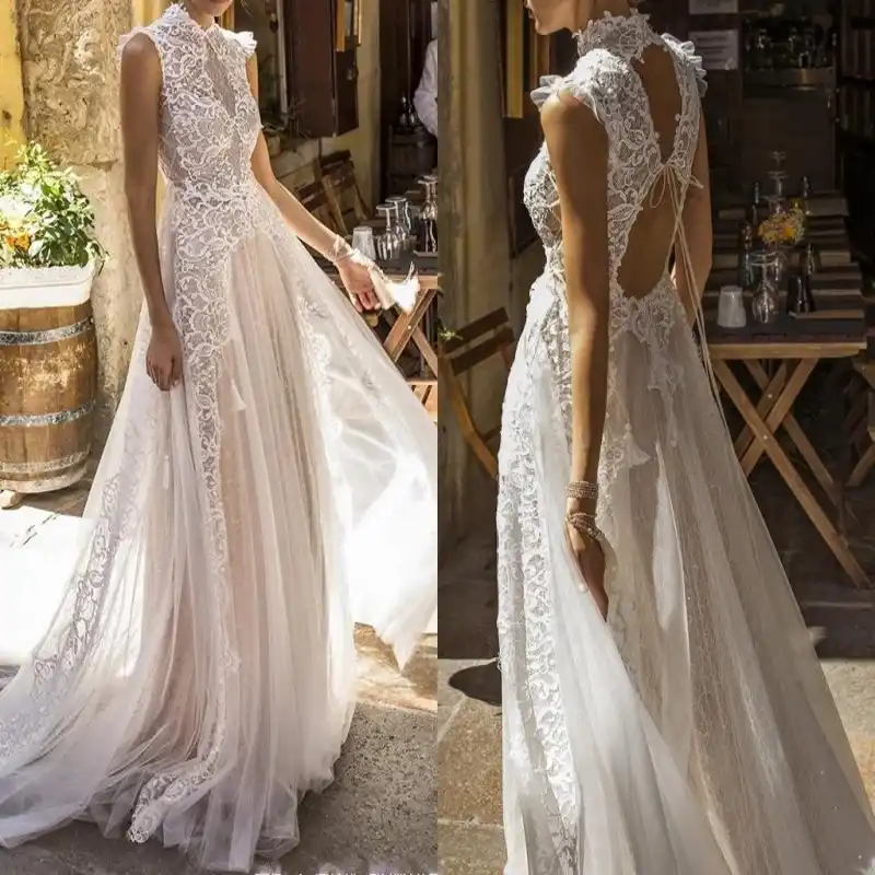 high neck bohemian wedding dress
