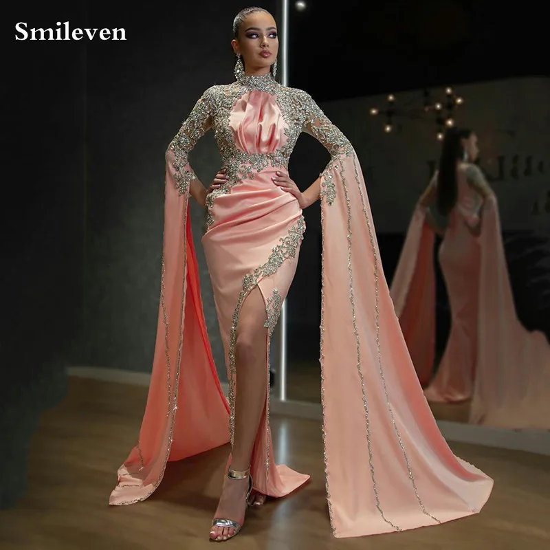 Smileven Pakistan Peach Mermaid Formal Evening Dresses High Neck Luxurious Crystal African Prom Gowns Long Sleeve outfit Dresses 
Smileven Pakistan Peach Mermaid Formal Evening Dresses High Neck Luxurious Crystal African Prom Gowns Long Sleeve outfit Dresses