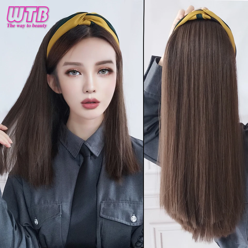 Фото WTB Straight Synthetic Wig Female Hair with Bands Connect Naturally U-Part Wigs Medium Long Clavicle Air Bangs | Шиньоны и парики