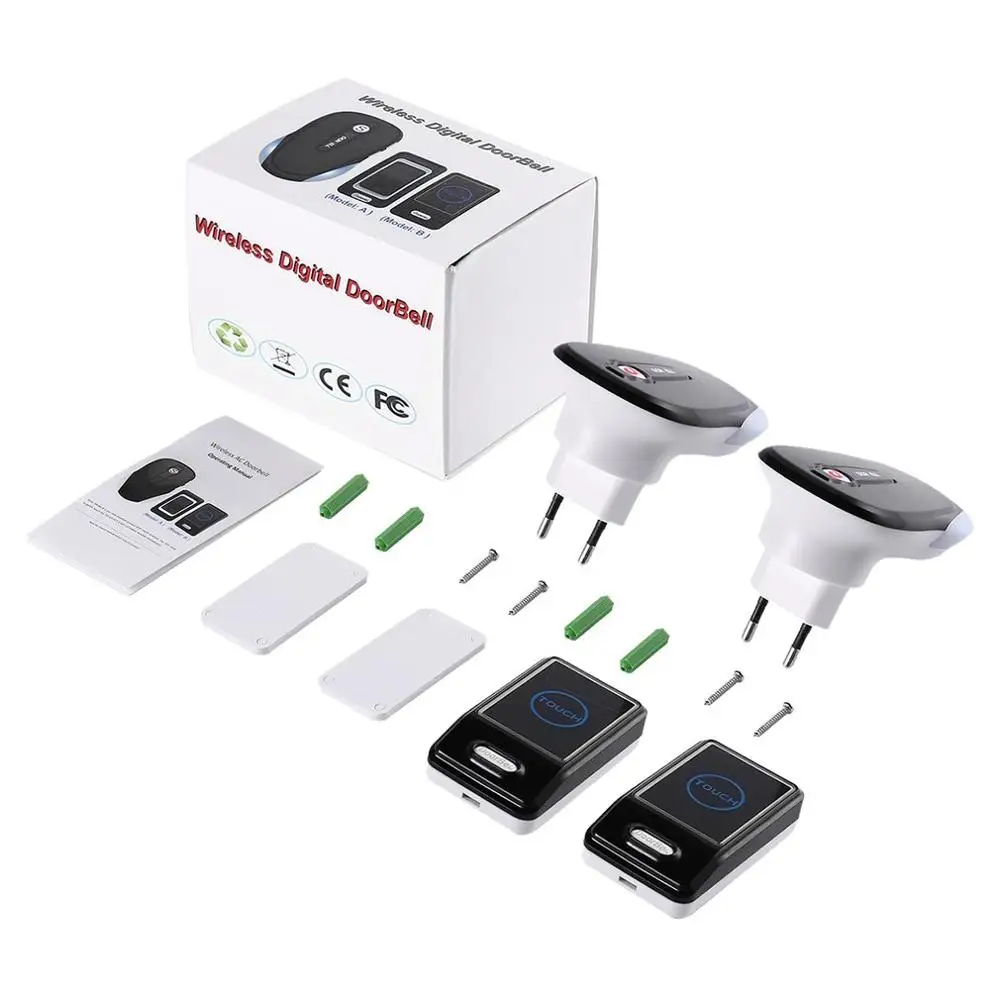 Wireless Digital Doorbell Kit with 2 Transmitters and 2 Receivers Waterproof Touch Sensor Button Plug-in for Home Office
Wireless Digital Doorbell Kit with 2 Transmitters and 2 Receivers Waterproof Touch Sensor Button Plug-in for Home Office