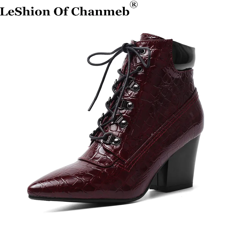 

Women's Patent PU Leather Chunky Heeled Pointy Toe Lace up Ankle Boots for Ladies Snakeskin Autumn Shoes Woman Winter Booties 43