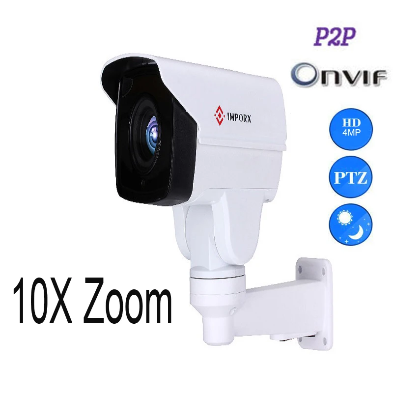 

IMPORX 10X 4MP HD Mini PTZ IP Outdoor Camera POE Optical Zoom IR 80M SD Card Slot Onvif P2P Network CCTV Security Bullet Camera