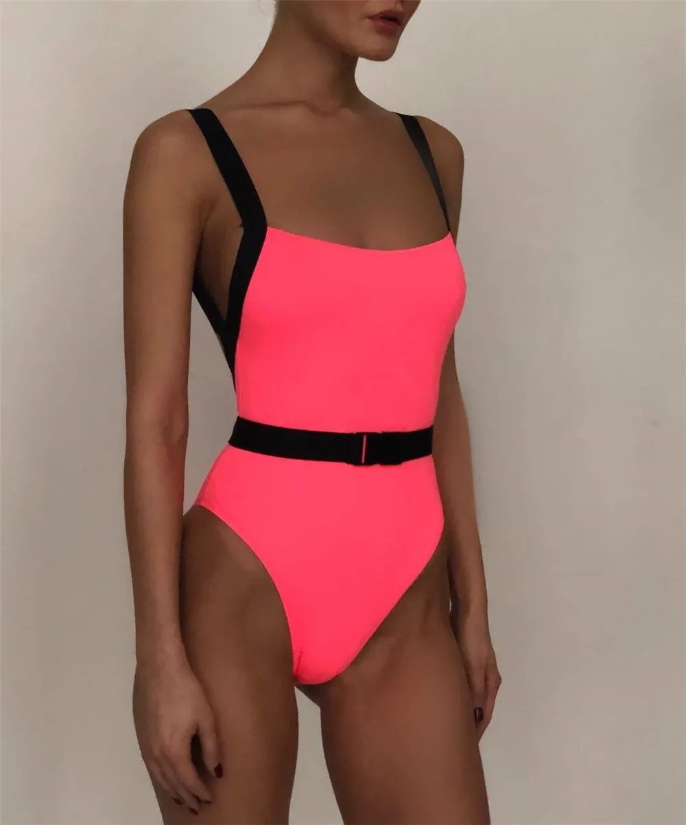 

One Piece Backless Swimsuit Women Fluorescent Color Bodysuit Beach Bathing Suit Sexy Swimwear