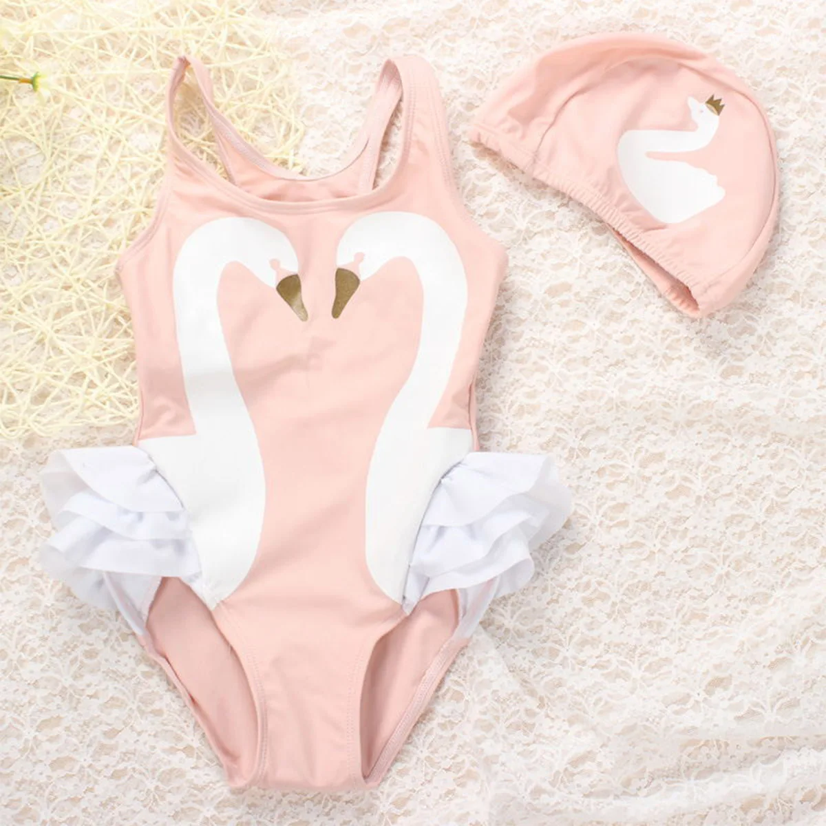 

Girls Swimsuit Cartoon Kids Swimwear with Swimming Cap Parrot Swan Flamingo 2022 Baby Girl Bathing Suit One Piece Swim Wear