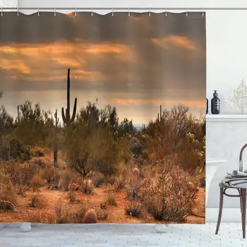 

Saguaro Shower Curtain, Dramatic Shady Desert View with a Storm Cloud Approaching Western Arizona Photo, Cloth Fabric Bathroom