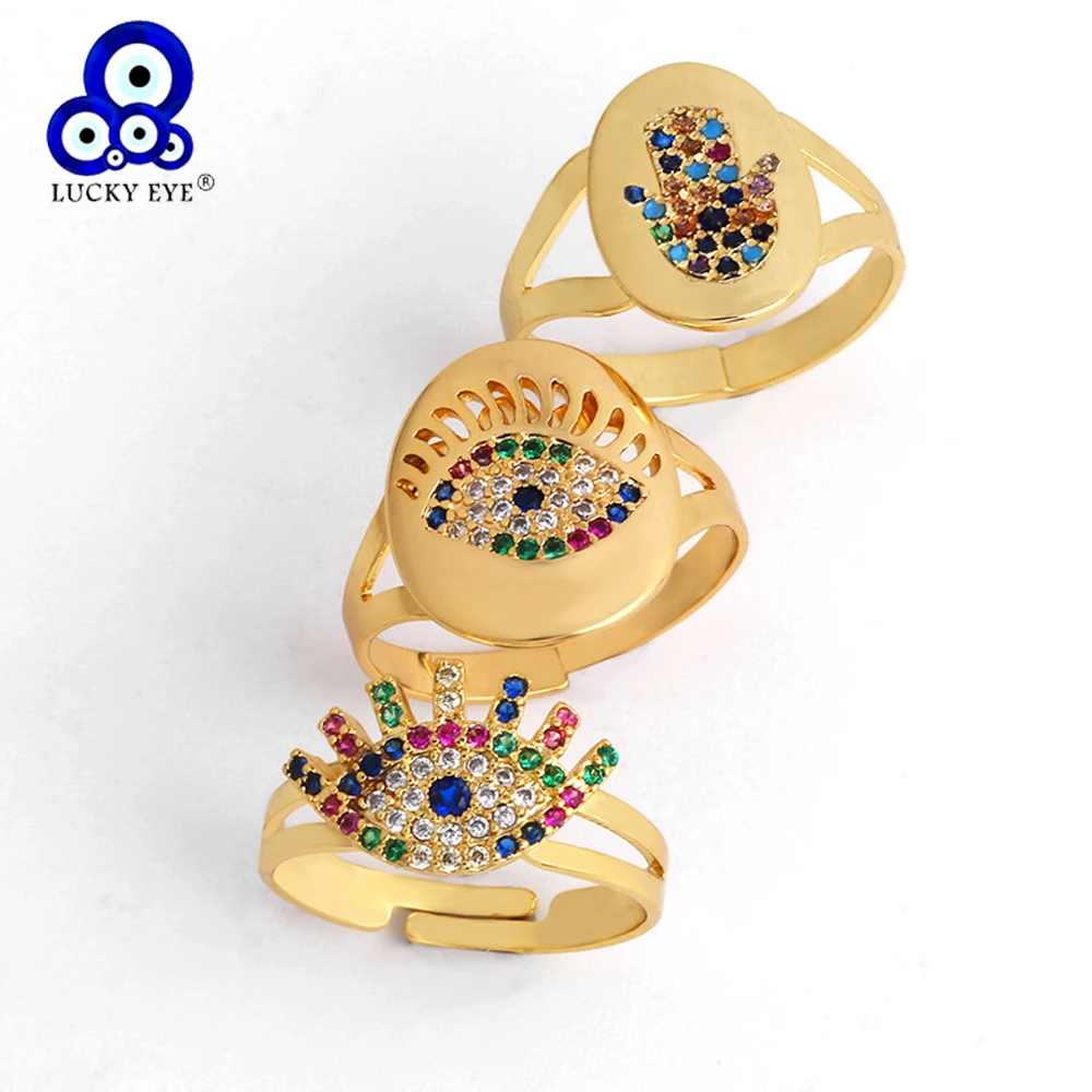 Lucky Eye Micro Pave Hamsa Hand Evil Eye Ring Colorful Zircon Gold Color Wedding Open Ring Adjustable Women Female Jewelry LE225
Lucky Eye Micro Pave Hamsa Hand Evil Eye Ring Colorful Zircon Gold Color Wedding Open Ring Adjustable Women Female Jewelry LE225