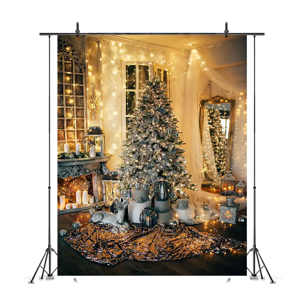 living room photography backdrops christmas tree gifts fireplace