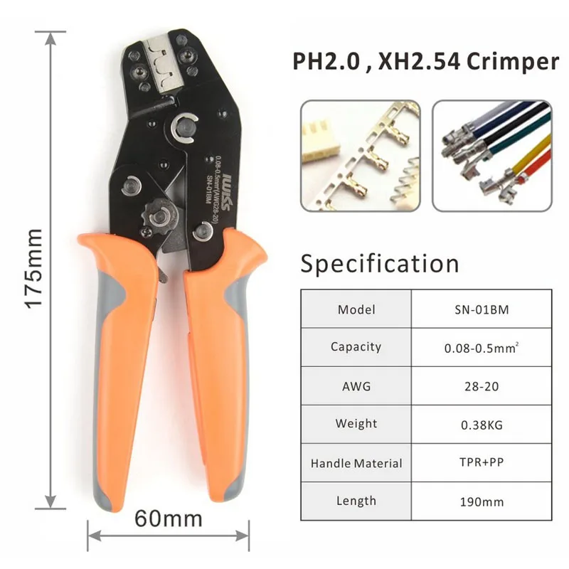 SN-01BM crimping plier for PH2.0,XH2.54,KF2510,AWG28-20,JST,Molex,Servo Connector Plug
SN-01BM crimping plier for PH2.0,XH2.54,KF2510,AWG28-20,JST,Molex,Servo Connector Plug