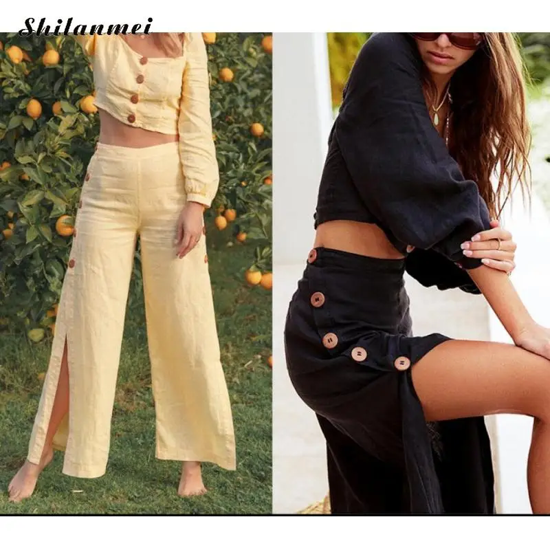 Spring Cotton Casual Two Pieces Set 2020 New Fashion Casual Set Women Buttons Short Top & Side Split Sexy Pants Sets Black Suits
Spring Cotton Casual Two Pieces Set 2020 New Fashion Casual Set Women Buttons Short Top & Side Split Sexy Pants Sets Black Suits