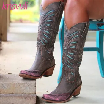 New Mixed Color West Cowboy Boots Woman Rivets Long Boots Hollow Outs Carved Cut Winter Shoes Woman Chunky Heel Knee High Boots 
New Mixed Color West Cowboy Boots Woman Rivets Long Boots Hollow Outs Carved Cut Winter Shoes Woman Chunky Heel Knee High Boots