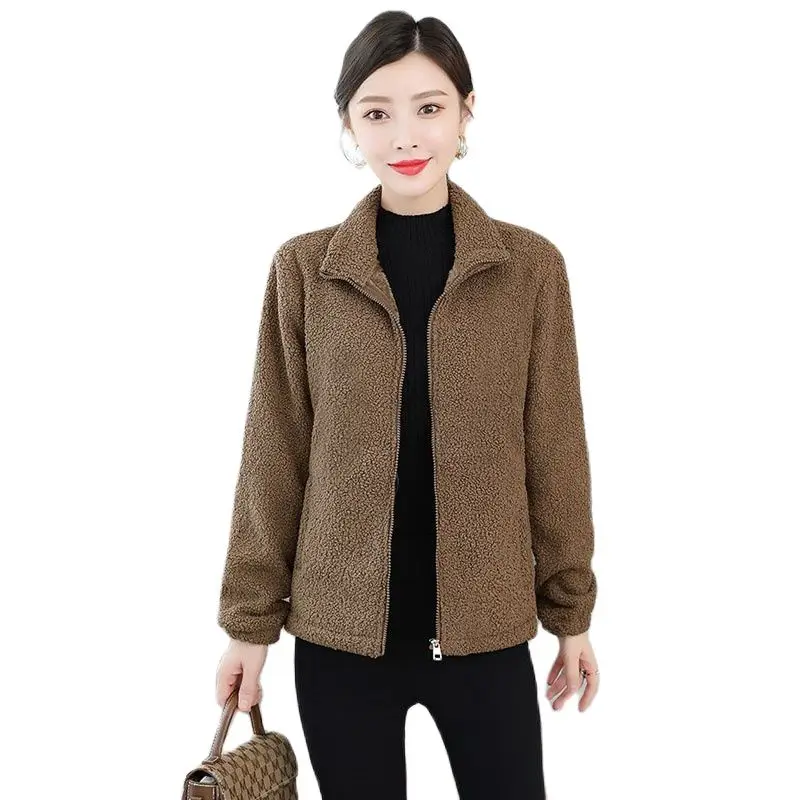 

Imitation Lamb Wool Women's Coat Autumn Winter New Keep Warm Double Sided Fleece Ladies Stand-Up Collar Guard Clothes 4XL