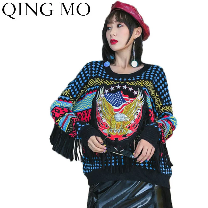 QING MO Plus Size Striped Women Sweater 2019 Animal Printed With Tassel Knitted Pullovers ZQY1782 | Женская одежда