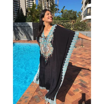 2020 Quick-drying Beach Tunic Plus Size Black Indie Folk Embroidered Long Summer Beach Dress Bikini Cover Up Women Max Beachwear 
2020 Quick-drying Beach Tunic Plus Size Black Indie Folk Embroidered Long Summer Beach Dress Bikini Cover Up Women Max Beachwear