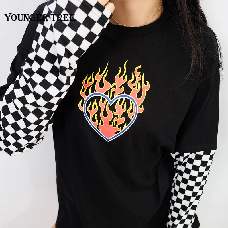Клетчатая Лоскутная Толстовка Vrouwen Lange Mouwen Flaming Hart с принтом Топ Zwart Checkboard Trui