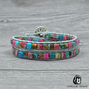 Fashion Women Leather Bracelet Colorful Square Natural Stone 2 Strands Wrap Bracelets Vintage Weaving Bead Bracelet Dropshipping 
Fashion Women Leather Bracelet Colorful Square Natural Stone 2 Strands Wrap Bracelets Vintage Weaving Bead Bracelet Dropshipping