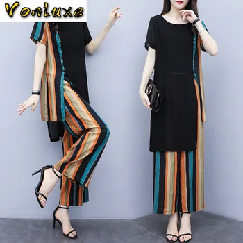Summer Stripe Chiffon Printed Two Piece Sets Women Plus Size Long Blouse Tops Pants Suits Elegant Boho Womens Set Femme Clothes
Summer Stripe Chiffon Printed Two Piece Sets Women Plus Size Long Blouse Tops Pants Suits Elegant Boho Womens Set Femme Clothes