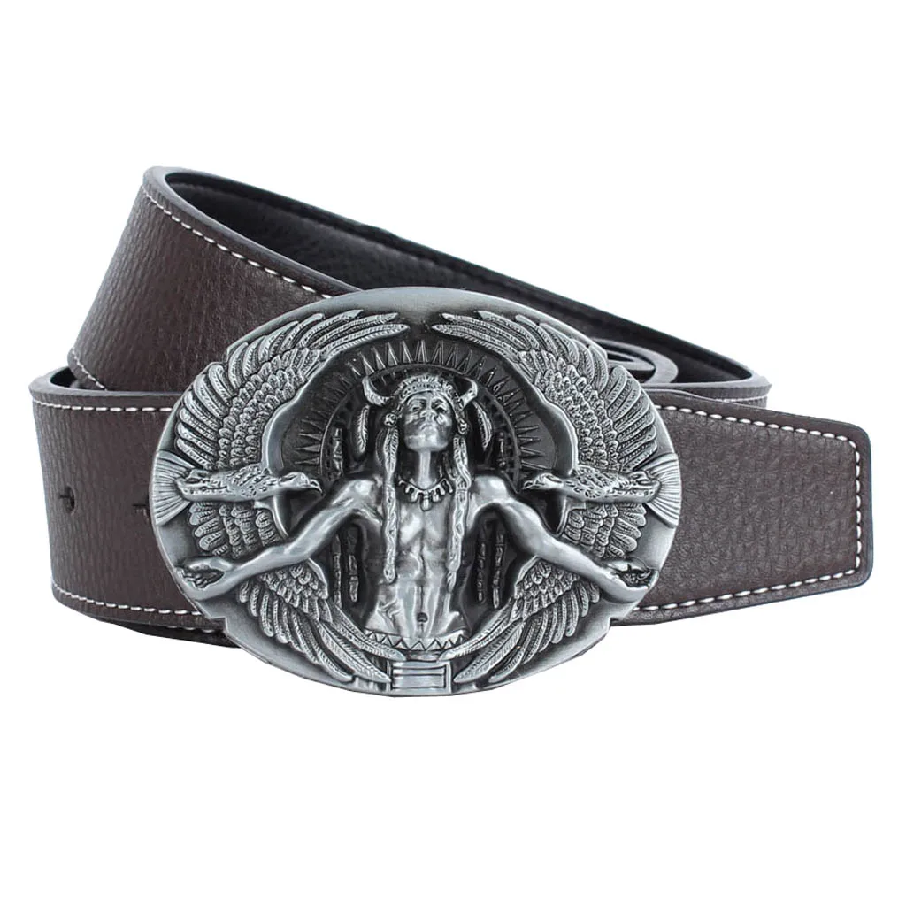 Men's PU Leather Casual Belt with Oval Zinc Alloy Carved Native Chief Eagle Buckle Waistband Men's PU Leather Casual Belt with Oval Zinc Alloy Carved Native Chief Eagle Buckle Waistband