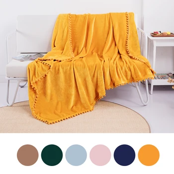 

New Flannel Blanket with Pompom Fringe Lightweight Cozy Bed Blanket Soft Throw Blanket fit Couch Sofa Suitable All Season