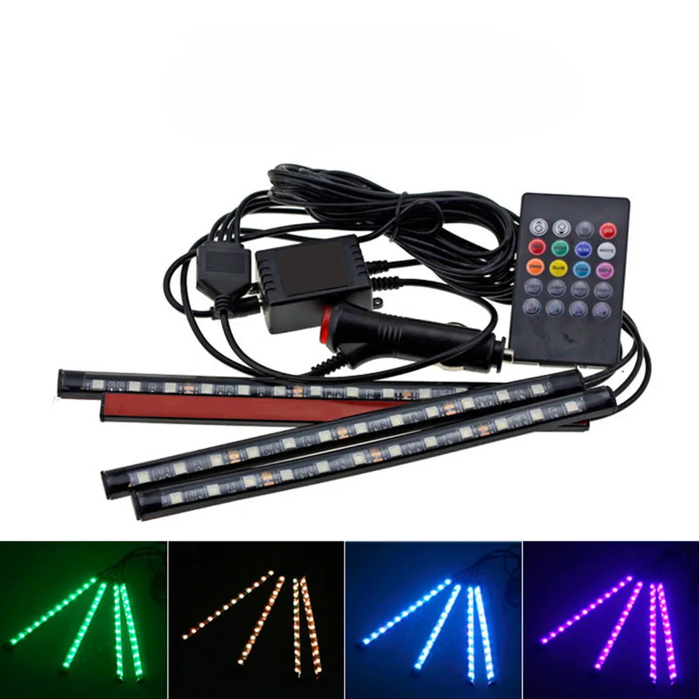 4pcs/set 12V LED Car Interior Floor Decorative Strip Light 12 SMD Remote Music Control Colorful RGB Auto Atmosphere Lamp | Автомобили и