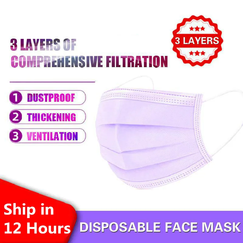 Purple!!100 Pcs Disposable Mondmasker Earloop Face Mouth Masks Mask Non-woven Melt Blown 3-layer Mascarilla Fast Ship | Красота и