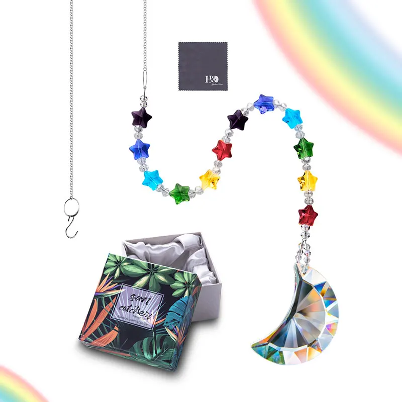 H&D Rainbow Crystal Suncatcher Chakra Star Beads with Crescent Moon Shaped Prism Ornament Window/Christmas Tree Hanging Pendant
H&D Rainbow Crystal Suncatcher Chakra Star Beads with Crescent Moon Shaped Prism Ornament Window/Christmas Tree Hanging Pendant