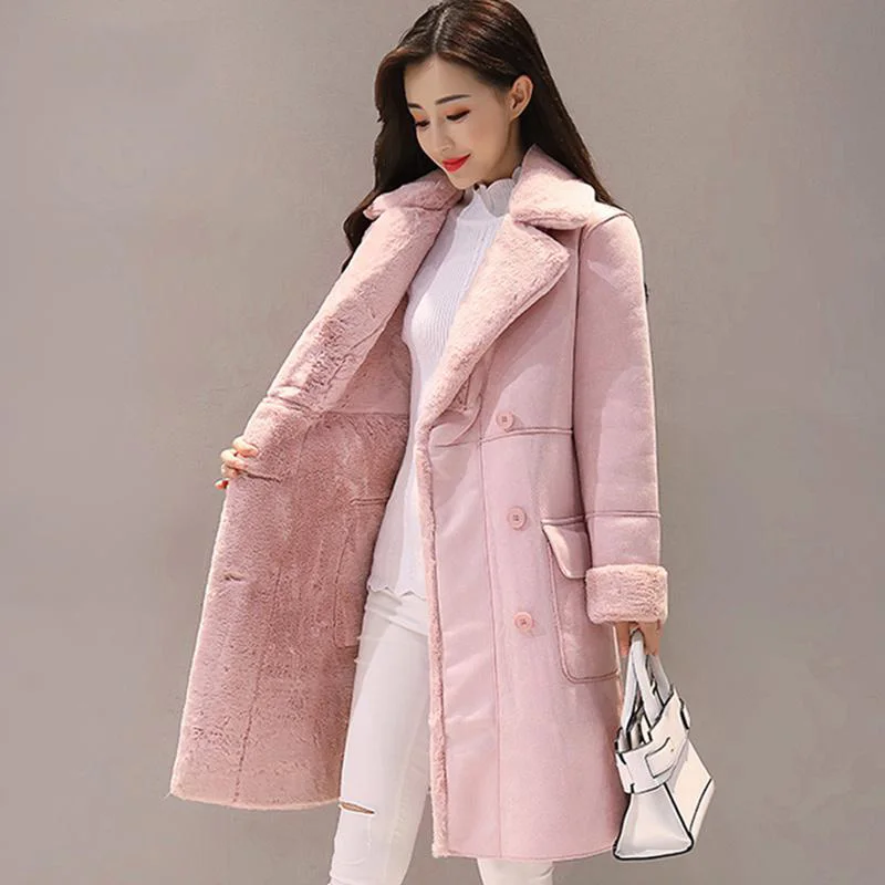 Women Winter Suede Fur Jacket 2019 Fashion Pink Thick Faux Sheepskin Long Jacket Overcoat Female Solid Warm Trench Slim Coats 
Women Winter Suede Fur Jacket 2019 Fashion Pink Thick Faux Sheepskin Long Jacket Overcoat Female Solid Warm Trench Slim Coats